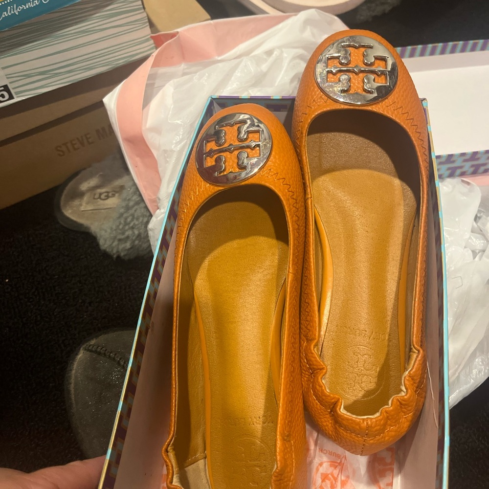 Tory Burch Bright Orange Flats with Silver Logo